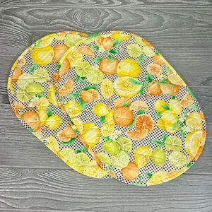 Vintage Citrus Fruit Placemat Black Checkered Lemon Limes and Orange Set of TWO